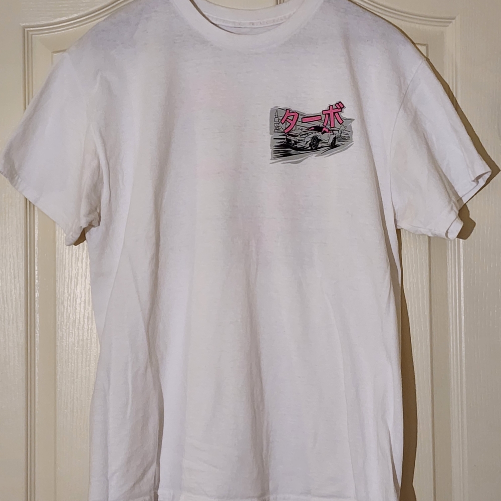 White Graphic T-Shirt with Pink and Gray Design